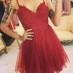 Elegant V-Neck Darted Red Lace Short Prom Dress, Dark Red Formal Graduation Homecoming Gown