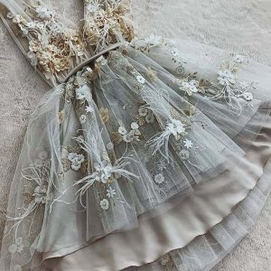 Elegant V-Neck Gray Lace Floral Prom Dress: Short, Formal, Graduation, Homecoming Gown