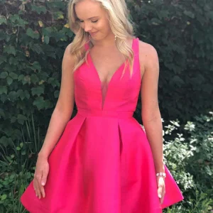 Charming Fuchsia Short Prom Dress: V-Neck, Open Back, Homecoming Style
