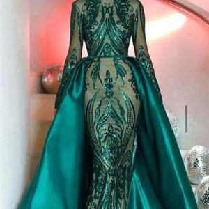 Emerald Green Long Sleeves Mermaid Sequin Prom Dress with Detachable Skirt