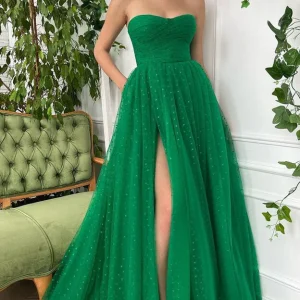 Glamorous Green Tulle Prom Dress with Sweetheart Neckline and High Slit