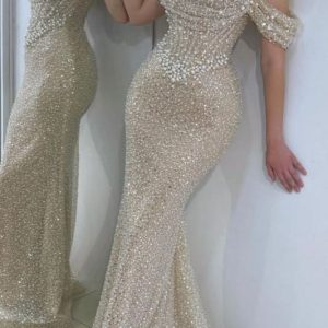 Dazzling Beaded Sweetheart Mermaid Evening Dress Sequins Off-Shoulder Floor-Length Prom Dress with Train