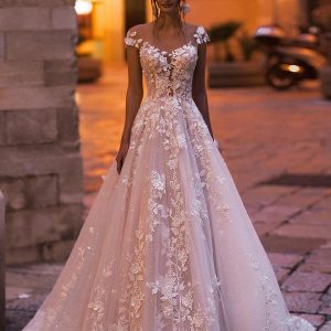 Elegant A-Line Bateau Sequin Wedding Gown with Delicate Lace Appliques and Backless Design
