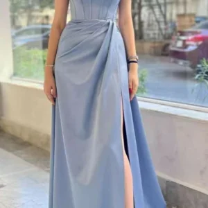 Elegant Dusty Blue Off-Shoulder Prom Dress with Pleats and Thigh-High Split