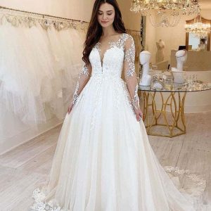 Hjärtformad Spets Långärmad Tyll Balklänning Bröllopsklänning