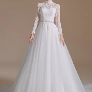 Elegant A-Line High Neck Long Sleeve Wedding Dress with Tulle Lace Design