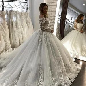Elegant Off-Shoulder Long Sleeve Illusion Ball Gown Wedding Dress with Appliques