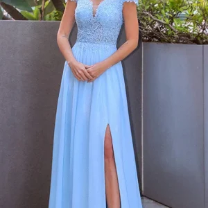 Elegant Sky Blue Cap Sleeve Long Prom Dress with Slit