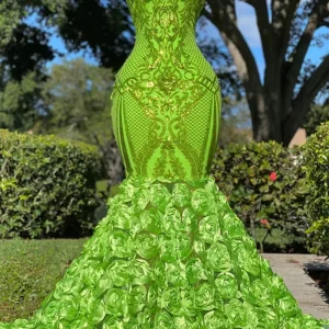Green Halter Sleeveless Mermaid Prom Dress with Flower Appliques