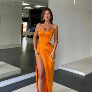 Sleeveless Spaghetti Strap Prom Dress with Slit, Elegant Charmeuse Gown