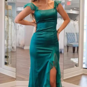 Elegant Square Neckline Satin Lace-Up Column Prom Dress with Slit