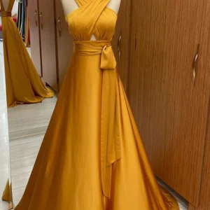 Elegant Strapped A-Line Halter Prom Dress: Flowing Long Gown for Special Occasions