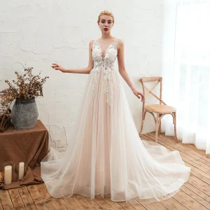 Delicate A-Line Bateau Tulle Wedding Gown with Floral Lace and Open Back