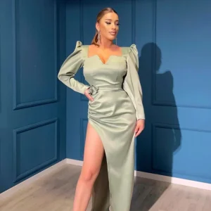 Dusty Sage Long Sleeve V-Neck Evening Dress with Front Slit Gown