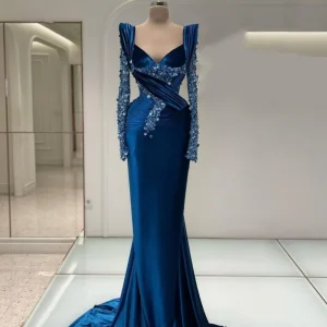 Royal Blue Long Sleeve Mermaid Charmeuse Prom Dress with Beading