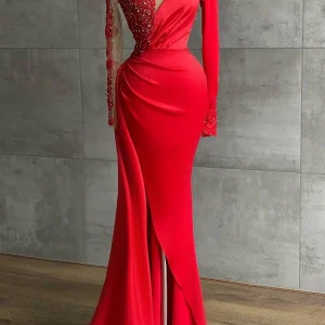Elegant Red Long Sleeves Mermaid Prom Dress with Beaded Lace Applique