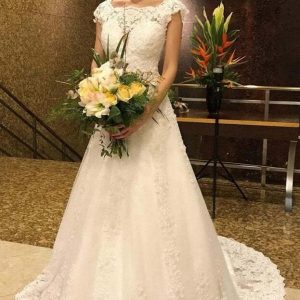 Long A-Line Wedding Dress with V-Neck Lace and Open Back Tulle Gown