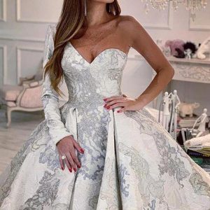 Elegant One-Shoulder A-Line Lace Wedding Dress with Sleeves & Floral Pattern