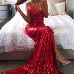 Stunning Backless Red Sequin Prom Dress for Women, Elegant Evening Party Gown