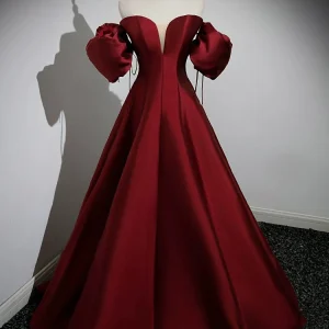 Elegant A-Line Puff Sleeve Satin Burgundy Long Prom Dress