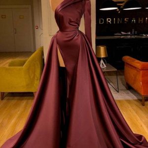 Elegant One-Shoulder Long Sleeve Prom Gown with Flowy Overskirt & Thigh Split