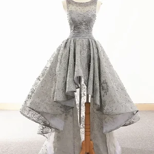 Gray Lace High Low Prom Dress, Formal Graduation Homecoming Gown