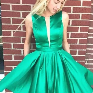 Elegant Green Satin Backless Short Prom Homecoming Cocktail Party Dress