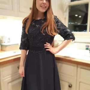 Elegant Black Lace Prom Dress: Half Sleeves, Beaded Details, Formal Graduation Evening Gown