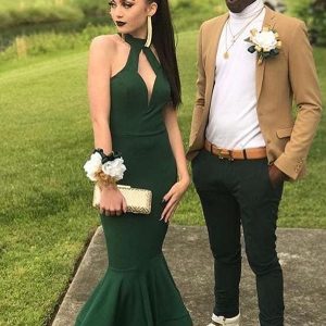 Elegant Halter Floor-Length Ruffled Mermaid Satin Prom Dress Gown