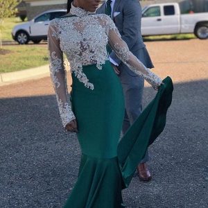 Elegant Mermaid Satin Prom Dress: High Neck, Long Sleeves, Applique Sweep Train