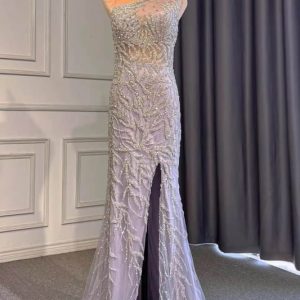 Elegant Light Purple One-Shoulder Beaded Mermaid Prom Dress with Ruffles