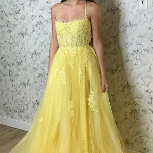 Elegant Yellow Lace Appliqued Evening Dress, Formal Gown for Special Occasions