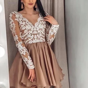 Elegant V-Neck Champagne Lace Prom Dress with Long Sleeves for Homecoming Graduation