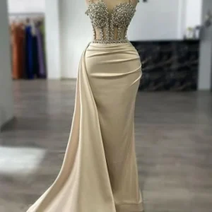 Sparkling Glitter Rhinestone Mermaid Prom Dress Sleeveless Gown with Sweep Train