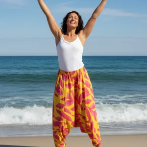 Gul/Rosa Mönstrad Haremsbyxa Classic Yellow Base Pink Leafs