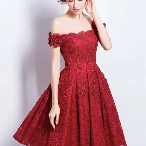 Elegant Off-Shoulder Burgundy Lace Dress for Prom, Homecoming, and Formal Evenings