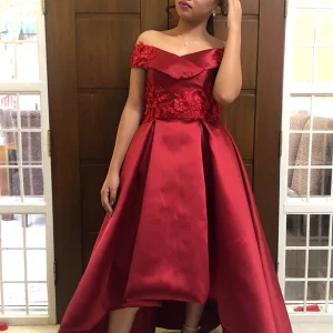 Off Shoulder Burgundy Prom Dress with Lace Appliques High-Low Satin Skirt