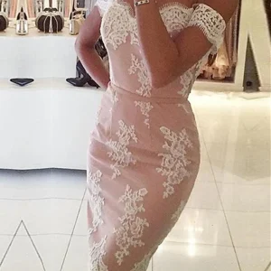 Off Shoulder Mermaid Pink Lace Short Prom Dresses Formal Evening Wear