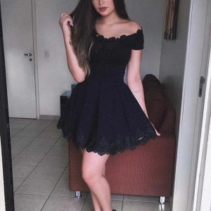 Elegant Off-Shoulder Black Lace Prom Dress: Short, Formal, Graduation, Homecoming Gown