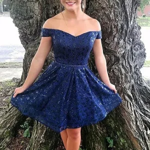 Off Shoulder Navy Blue Lace Prom Homecoming Dress Short Formal Gown