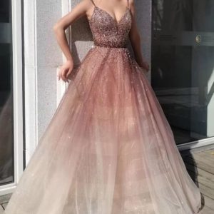 Ombre Spaghetti-Strap Deep V-Neck Tulle Prom Dress with Sequins and Beads