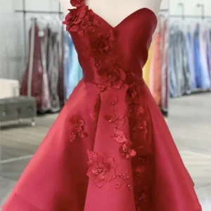 One Shoulder Open Back Burgundy Floral Prom Dress, Wine Red Formal Evening Homecoming Gown