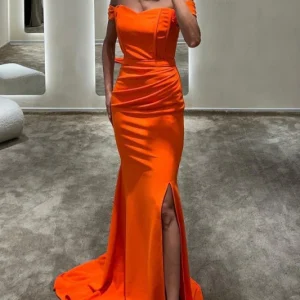 Stunning Orange Off-Shoulder Mermaid Prom Dress with Long Slit Design