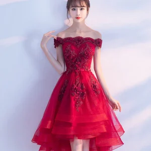 High Low Burgundy Lace Tulle Short Prom Party Dress