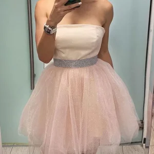 Princess Strapless Short Pink Tulle Homecoming Prom Dress with Belt, Formal Graduation Evening