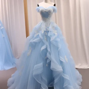 Ball Gown Sweetheart Neck Tulle Lace Blue Long Prom Dress