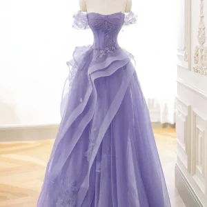 Stunning Purple A-Line Off Shoulder Tulle Lace Prom Gown