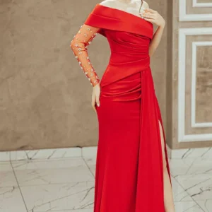 Stunning Red Long Sleeve One-Shoulder Mermaid Prom Dress with Elegant Beading