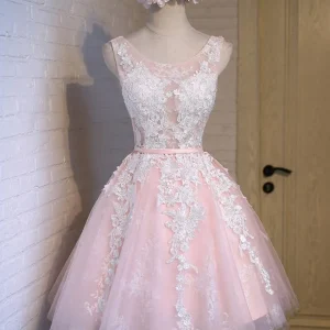 Elegant Pink Lace Prom Dress: Short Round Neck, Perfect for Graduation & Homecoming