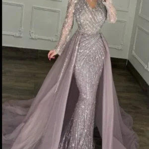 Elegant V-Neck Mermaid Prom Dress with Shimmering Long Sleeves and Beading